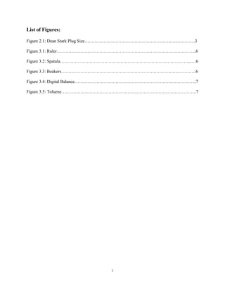 i
List of Figures:
Figure 2.1: Dean Stark Plug Size…………………………………………………………………3
Figure 3.1: Ruler…………………………………………………………………………………..6
Figure 3.2: Spatula……………………………………………………………………………...…6
Figure 3.3: Beakers……………………………………………………….……………………….6
Figure 3.4: Digital Balance………………………………………………………………………..7
Figure 3.5: Toluene………………………………………………………………………………..7
 