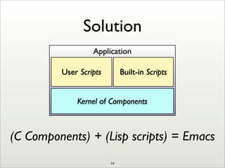 Solution
Application
Kernel of Components
User Scripts Built-in Scripts
(C Components) + (Lisp scripts) = Emacs
14
 
