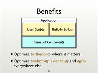 Beneﬁts
•Optimize performance where it matters.
•Optimize productivity, extensibility and agility
everywhere else.
Application
Kernel of Components
User Scripts Built-in Scripts
25
 