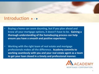 Introduction
• Buying a home can seem daunting, but if you plan ahead and
know all your mortgage options, it doesn’t have to be. Gaining a
thorough understanding of the homebuying process can help
ensure you have a smooth and positive experience.
• Working with the right team of real estate and mortgage
professionals makes all the difference. Academy commits to
working seamlessly with you and your real estate agent as a team
to get your loan closed in a timely and professional manner.
3
 