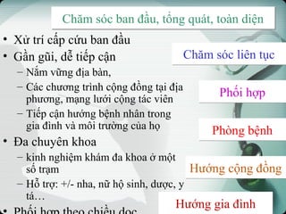 Chăm sóc ban đầu, tổng quát, toàn diệnChăm sóc ban đầu, tổng quát, toàn diện
• Xử trí cấp cứu ban đầu
• Gần gũi, dễ tiếp cận
– Nắm vững địa bàn,
– Các chương trình cộng đồng tại địa
phương, mạng lưới cộng tác viên
– Tiếp cận hướng bệnh nhân trong
gia đình và môi trường của họ
• Đa chuyên khoa
– kinh nghiệm khám đa khoa ở một
số trạm
– Hỗ trợ: +/- nha, nữ hộ sinh, dược, y
tá…
Chăm sóc liên tụcChăm sóc liên tục
Phối hợpPhối hợp
Phòng bệnhPhòng bệnh
Hướng cộng đồngHướng cộng đồng
Hướng gia đìnhHướng gia đình
 