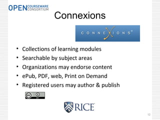 Connexions
• Collections of learning modules
• Searchable by subject areas
• Organizations may endorse content
• ePub, PDF, web, Print on Demand
• Registered users may author & publish
12
 