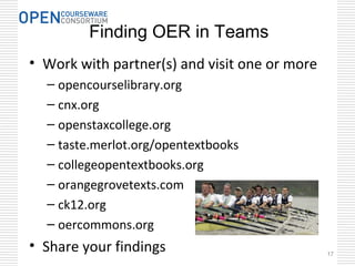 Finding OER in Teams
• Work with partner(s) and visit one or more
– opencourselibrary.org
– cnx.org
– openstaxcollege.org
– taste.merlot.org/opentextbooks
– collegeopentextbooks.org
– orangegrovetexts.com
– ck12.org
– oercommons.org
• Share your findings 17
 
