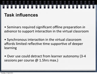 Task influences

      •	
  Seminars	
  required	
  signiﬁcant	
  oﬄine	
  prepara4on	
  in	
  
      advance	
  to	
  support	
  interac4on	
  in	
  the	
  virtual	
  classroom

      •	
  Synchronous	
  interac4on	
  in	
  the	
  virtual	
  classroom	
  
      aﬀords	
  limited	
  reﬂec4ve	
  4me	
  suppor4ve	
  of	
  deeper	
  
      learning

      •	
  Over	
  use	
  could	
  detract	
  from	
  learner	
  autonomy	
  (3-­‐4	
  
      sessions	
  per	
  course	
  @	
  1.5hrs	
  max.)


Thursday, 12 April 2012
 