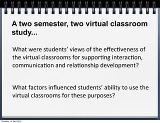 A two semester, two virtual classroom
            study...

            What	
  were	
  students’	
  views	
  of	
  the	
  eﬀec4veness	
  of	
  
            the	
  virtual	
  classrooms	
  for	
  suppor4ng	
  interac4on,	
  
            communica4on	
  and	
  rela4onship	
  development?


            What	
  factors	
  inﬂuenced	
  students’	
  ability	
  to	
  use	
  the	
  
            virtual	
  classrooms	
  for	
  these	
  purposes?


Thursday, 12 April 2012
 