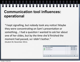 Communication tool influences:
       operational

         “I	
  kept	
  signalling,	
  but	
  nobody	
  took	
  any	
  no4ce!	
  Maybe	
  
         they	
  were	
  concentra4ng	
  on	
  Sam’s	
  presenta4on	
  or	
  
         something…	
  I	
  had	
  a	
  ques4on	
  I	
  wanted	
  to	
  ask	
  her	
  about	
  
         one	
  of	
  her	
  slides,	
  but	
  by	
  the	
  4me	
  she’d	
  ﬁnished	
  the	
  
         moment	
  had	
  passed,	
  so	
  I	
  didn’t	
  bother.”	
  
         (Student	
  M,	
  November	
  2011).




Thursday, 12 April 2012
 