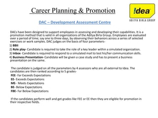 Career Planning & Promotion
DAC – Development Assessment Centre
DACs have been designed to support employees in assessing and developing their capabilities. It is a
promotion method that is valid in all organizations of the Aditya Birla Group. Employees are evaluated
over a period of time; say one to three days, by observing their behaviors across a series of selected
exercises or work samples. DAC judges on the basis of four parameters-
1) BBII
2) Role play- Candidate is required to take the role of a key leader within a simulated organization.
3) Inbox- Candidate is required to respond to a simulated mail to test his/her communication skills.
4) Business Presentation- Candidate will be given a case study and has to present a business
presentation on the same.
The candidate is judged on all the parameters by 4 assessors who are all external to Idea. The
candidates are then ranked according to 5 grades-
FEE- Far Exceeds Expectations
EE- Exceeds Expectations
ME- Meets Expectations
BE- Below Expectations
FBE- Far Below Expectations
If the candidates perform well and get grades like FEE or EE then they are eligible for promotion in
their respective fields.
 