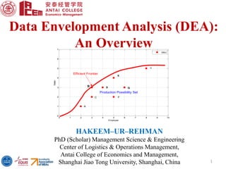 HAKEEM–UR–REHMAN
PhD (Scholar) Management Science & Engineering
Center of Logistics & Operations Management,
Antai College of Economics and Management,
Shanghai Jiao Tong University, Shanghai, China 1
Data Envelopment Analysis (DEA):
An Overview
0 1 2 3 4 5 6 7 8 9 10
0
1
2
3
4
5
6
7
Employee
Sales
DMU
DB
C
A
E
H
F
G
Production Possibility Set
Efficient Frontier
 
