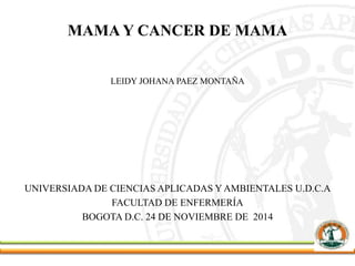 MAMA Y CANCER DE MAMA
LEIDY JOHANA PAEZ MONTAÑA
UNIVERSIADA DE CIENCIAS APLICADAS Y AMBIENTALES U.D.C.A
FACULTAD DE ENFERMERÍA
BOGOTA D.C. 24 DE NOVIEMBRE DE 2014
 