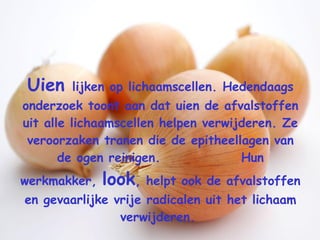 Uien  lijken op lichaamscellen. Hedendaags onderzoek toont aan dat uien de afvalstoffen uit alle lichaamscellen helpen verwijderen. Ze veroorzaken tranen die de epitheellagen van de ogen reinigen.  Hun werkmakker,  look , helpt ook de afvalstoffen en gevaarlijke vrije radicalen uit het lichaam verwijderen.  