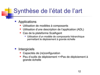 12
Synthèse de l’état de l’art
 Applications
 Utilisation de modèles à composants
 Utilisation d’une description de l’application (ADL)
 Cas de la plateforme ScalAgent

Utilisation d’un modèle de composants hiérarchique
permettant le déploiement à grande échelle
 Intergiciels
 Capacités de (re)configuration
 Peu d’outils de déploiement =>Pas de déploiement à
grande échelle
 