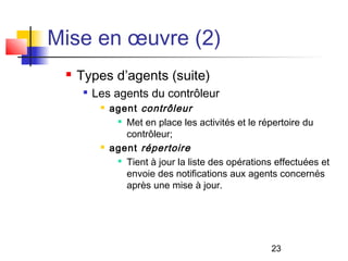 23
Mise en œuvre (2)
 Types d’agents (suite)

Les agents du contrôleur
 agent contrôleur

Met en place les activités et le répertoire du
contrôleur;
 agent répertoire

Tient à jour la liste des opérations effectuées et
envoie des notifications aux agents concernés
après une mise à jour.
 