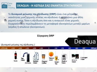 DEAQUA - Θ Α΢ΠΙΔΑ ΢Α΢ ΕΝΑΝΣΙΑ ΢ΣΘ ΓΘΡΑΝ΢Θ
Σο δυναμικό μείωςθσ τθσ οξείδωςθσ (ORP) είναι ζνα μζτρο τθσ
ικανότθτασ μιασ χθμικισ ουςίασ να οξειδϊνει ι να μειϊνει μια άλλθ
χθμικι ουςία. Σόςο θ οξείδωςθ όςο και θ αναγωγι είναι χθμικζσ
διεργαςίεσ που περιλαμβάνουν τθ μεταφορά θλεκτρονίων μεταξφ μορίων
(κζρδοσ ι απϊλεια θλεκτρονίων).
(Δυναμικό μείωζης ηης οξείδωζης )
΢ύγκριζη ORP
 
