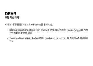 DEAR
모델 학습 과정
• 과거 데이터들을 기반으로 o
ff
-policy를 통해 학습.

• Storing transitions stage: 기존 광고 노출 전략 에 의한 를 저장
하여 replay bu ff
er 생성

• Training stage: replay bu
ff
er로부터 minibatch 를 뽑아서 AA 패러미터
학습.
b(st) (st, at, rt, st+1)
(s, a, r, s′
￼
)
 