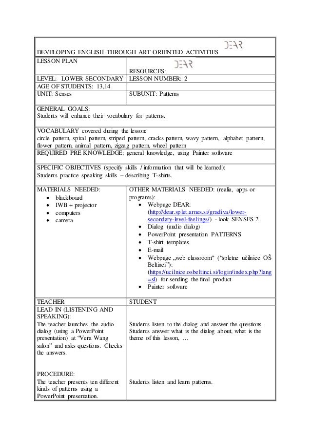 dear lesson senses 2 lower sec 1 lesson plan programs