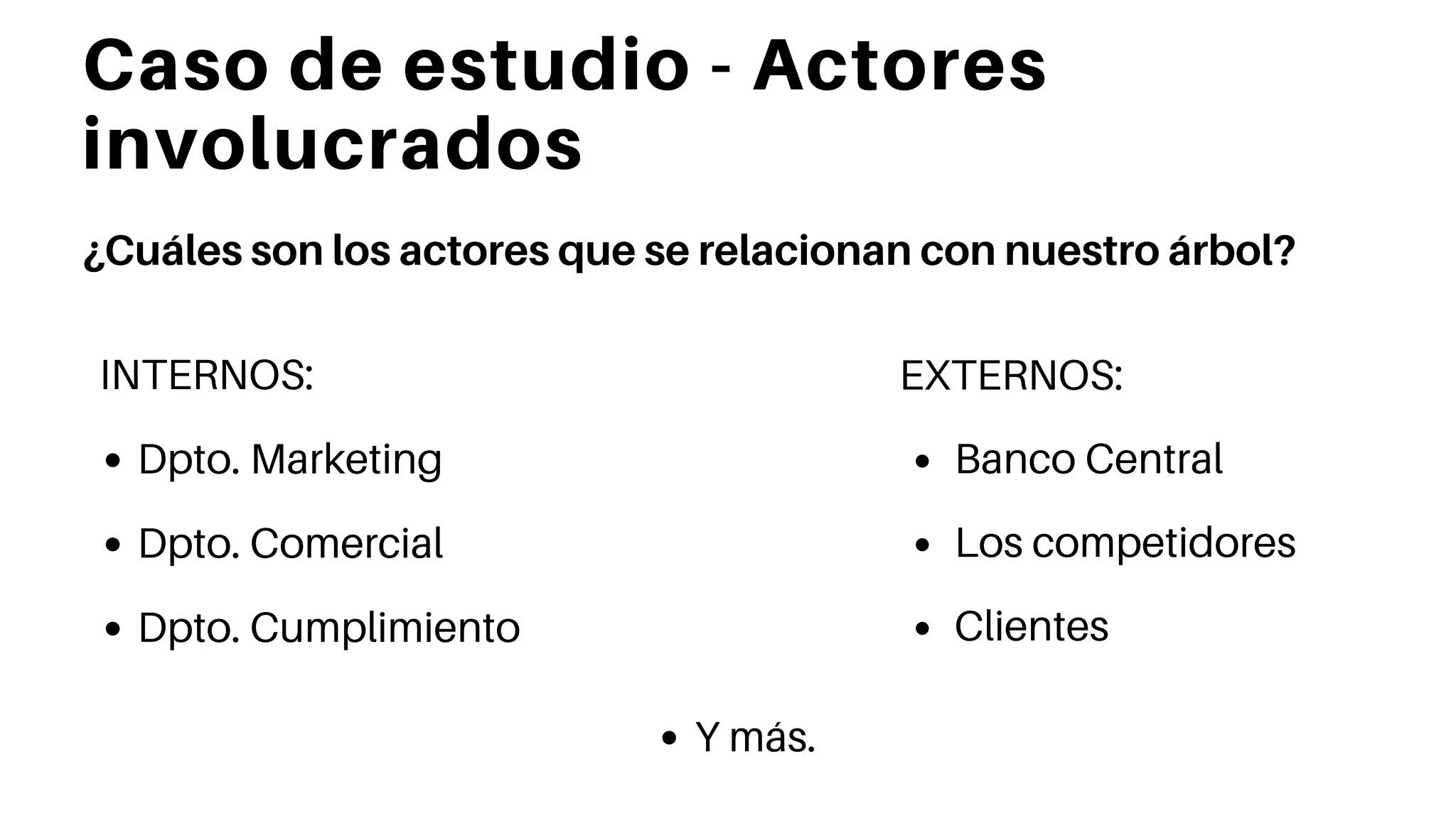 Caso de estudio - Actores
involucrados
INTERNOS:
Dpto. Marketing
Dpto. Comercial
Dpto. Cumplimiento
EXTERNOS:
Banco Central
Los competidores
Clientes
¿Cuáles son los actores que se relacionan con nuestro árbol?
Y más.
 