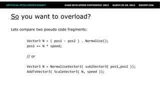 So you want to overload?
Lets compare two pseudo code fragments:


        Vector3 N = ( pos1 - pos2 ) . Normalise();
        pos1 += N * speed;

        // or

        Vector3 N = NormaliseVector3( sub2Vector3( pos1,pos2 ));
        AddToVector3( ScaleVector3( N, speed ));
 