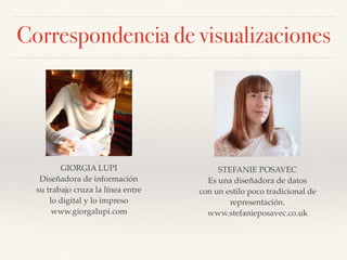 Correspondencia de visualizaciones
STEFANIE POSAVEC
Es una diseñadora de datos
con un estilo poco tradicional de  
representación.
www.stefanieposavec.co.uk
GIORGIA LUPI
Diseñadora de información
su trabajo cruza la línea entre  
lo digital y lo impreso 
www.giorgalupi.com
 