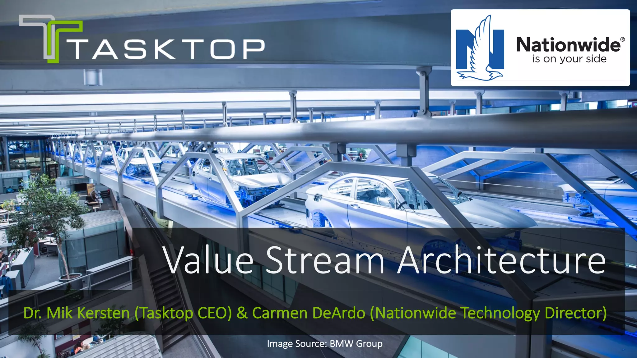 ©	Tasktop	2017 @mik_kersten			@carmendeardo© Tasktop 2016
Value	Stream	Architecture
Dr.	Mik	Kersten	(Tasktop	CEO)	&	Carmen	DeArdo	(Nationwide	Technology	Director)
Image	Source:	BMW	Group
 