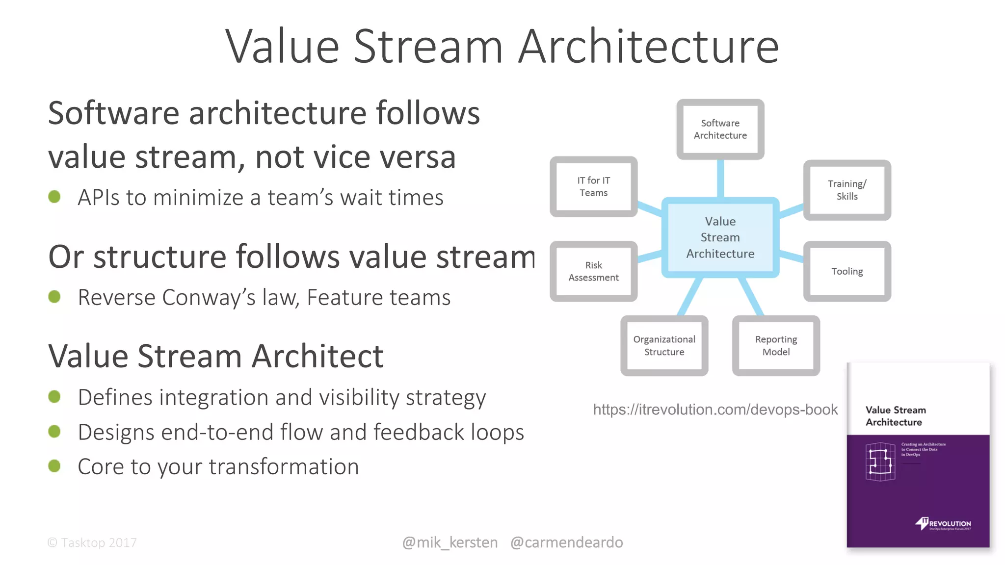 ©	Tasktop	2017 @mik_kersten			@carmendeardo
Software	architecture	follows	
value	stream,	not	vice	versa
APIs	to	minimize	a	team’s	wait	times
Or	structure	follows	value	stream	
Reverse	Conway’s	law,	Feature	teams
Value	Stream	Architect
Defines	integration	and	visibility	strategy
Designs	end-to-end	flow	and	feedback	loops
Core	to	your	transformation
Value	Stream	Architecture
https://itrevolution.com/devops-books/
 