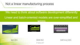 © Tasktop 2017
  We need to think about software development differently
  Linear and batch-oriented models are over-simplified and
wrong
Not a linear manufacturing process
Agile	2011	 SXSW	2012	 ALM	Forum	2015	
 