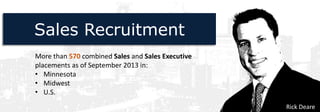 Sales Recruitment
More than 570 combined Sales and Sales Executive
placements as of September 2013 in:
• Minnesota
• Midwest
• U.S.
Rick Deare

 