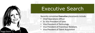 Executive Search

Peggy Deare

Recently completed Executive placements include:
• Chief Operations Officer
• Sr. Vice President of Sales
• Vice President of Technology
• Vice President of Franchisor Relations
• Vice President of Talent Acquisition

 