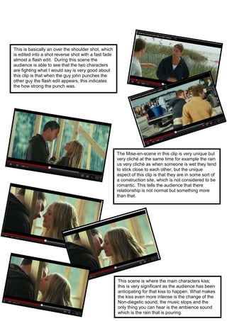 This is basically an over the shoulder shot, which
is edited into a shot reverse shot with a fast fade
almost a flash edit. During this scene the
audience is able to see that the two characters
are fighting what I would say is very good about
this clip is that when the guy john punches the
other guy the flash edit appears, this indicates
the how strong the punch was.




                                                      The Mise-en-scene in this clip is very unique but
                                                      very cliché at the same time for example the rain
                                                      us very cliché as when someone is wet they tend
                                                      to stick close to each other, but the unique
                                                      aspect of this clip is that they are in some sort of
                                                      a construction site, which is not considered to be
                                                      romantic. This tells the audience that there
                                                      relationship is not normal but something more
                                                      than that.




                                                      This scene is where the main characters kiss;
                                                      this is very significant as the audience has been
                                                      anticipating for that kiss to happen. What makes
                                                      the kiss even more intense is the change of the
                                                      Non-diegetic sound, the music stops and the
                                                      only thing you can hear is the ambience sound
                                                      which is the rain that is pouring.
 