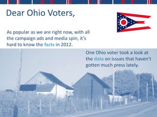Dear Ohio Voters,
As popular as we are right now, with all
the campaign ads and media spin, it’s
hard to know the facts in 2012.
                                      One Ohio voter took a look at
                                      the data on issues that haven’t
                                      gotten much press lately.
 