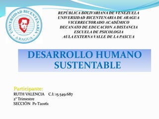 REPÚBLICA BOLIVARIANA DE VENEZUELA
UNIVERSIDAD BICENTENARIA DE ARAGUA
VICERRECTORADO ACADÉMICO
DECANATO DE EDUCACION A DISTANCIA
ESCUELA DE PSICOLOGIA
AULA EXTERNA VALLE DE LA PASCUA
DESARROLLO HUMANO
SUSTENTABLE
Participante:
RUTH VALENCIA C.I: 15.549.687
2° Trimestre
SECCIÓN P1-T20161
 