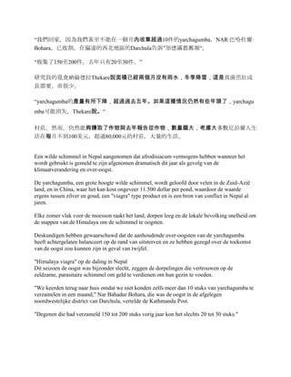 “我們回家，因為我們甚至不能在一個月內收集超過10件的yarchagumba，NAR·巴哈杜爾·
Bohara，已收割，在偏遠的西北地區的Darchula告訴”加德滿都郵報“。
“收集了150至200件，去年只有20至30件。”
研究員的覓食納倫德拉Thekare說面積已經兩個月沒有雨水，冬季降雪，這是真菌茁壯成
長需要，而很少。
“yarchagumba的產量有所下降，超過過去五年。如果這種情況仍然有些年頭了，yarchagu
mba可能消失，Thekare說。“
村莊，然而，仍然能夠賺取了作物與去年報告從作物，數量龐大，考慮大多數尼泊爾人生
活在每月不到100美元，超過80,000元的村莊，大量的生活。
Een wilde schimmel in Nepal aangenomen dat afrodisiacum vermogens hebben wanneer het
wordt gebruikt is gemeld te zijn afgenomen dramatisch dit jaar als gevolg van de
klimaatverandering en over-oogst.
De yarchagumba, een grote hoogte wilde schimmel, wordt geloofd door velen in de Zuid-Azië
land, en in China, waar het kan kost ongeveer 11.500 dollar per pond, waardoor de waarde
ergens tussen zilver en goud, een "viagra" type product en is een bron van conflict in Nepal al
jaren.
Elke zomer vlak voor de moesson raakt het land, dorpen leeg en de lokale bevolking snelheid om
de stappen van de Himalaya om de schimmel te oogsten.
Deskundigen hebben gewaarschuwd dat de aanhoudende over-oogsten van de yarchagumba
heeft achtergelaten balanceert op de rand van uitsterven en ze hebben gezegd over de toekomst
van de oogst zou kunnen zijn in geval van twijfel.
"Himalaya viagra" op de daling in Nepal
Dit seizoen de oogst was bijzonder slecht, zeggen de dorpelingen die vertrouwen op de
zeldzame, parasitaire schimmel om geld te verdienen om hun gezin te voeden.
"We keerden terug naar huis omdat we niet konden zelfs meer dan 10 stuks van yarchagumba te
verzamelen in een maand," Nar Bahadur Bohara, die was de oogst in de afgelegen
noordwestelijke district van Darchula, vertelde de Kathmandu Post.
"Degenen die had verzameld 150 tot 200 stuks vorig jaar kon het slechts 20 tot 30 stuks."
 