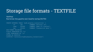 Storage file formats - TEXTFILE
TEXTFILE
Row format. Very good for start. Good for storing CSV/TSV.
CREATE EXTERNAL TABLE `mydb.peoples_transactions` (
`id` INT COMMENT 'Personal id',
`name` STRING COMMENT 'Name of a person',
`day` STRING COMMENT 'Transaction date' )
ROW FORMAT DELIMITED
FIELDS TERMINATED BY 't'
LINES TERMINATED BY 'n'
STORED AS TEXTFILE
LOCATION '/externals/mydb/peoples_transactions';
 