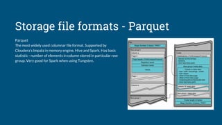 Storage file formats - Parquet
Parquet
The most widely used columnar file format. Supported by
Cloudera’s Impala in memory engine, Hive and Spark. Has basic
statistic - number of elements in column stored in particular row
group. Very good for Spark when using Tungsten.
 