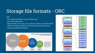 Storage file formats - ORC
ORC
- Has 3 index levels (file, stripe and 10k rows).
- Even 78% smaller files.
- Basic statistics: min, max, sum, count per column, per stripe and file.
- When inserting into table try to sort data by most used column.
- Supports predicate pushdown.
 