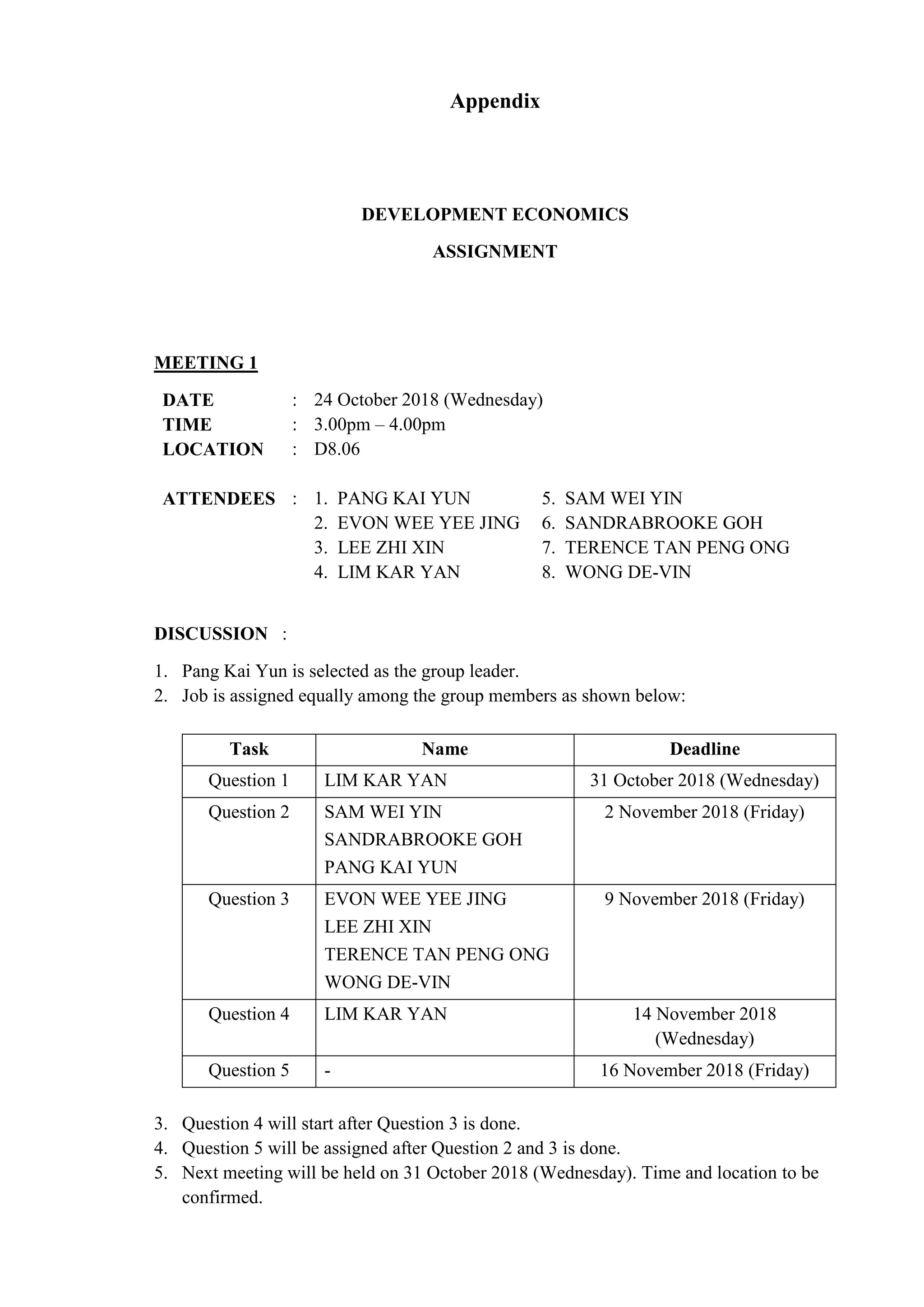 Appendix
DEVELOPMENT ECONOMICS
ASSIGNMENT
MEETING 1
DATE : 24 October 2018 (Wednesday)
TIME : 3.00pm – 4.00pm
LOCATION : D8.06
ATTENDEES : 1. PANG KAI YUN
2. EVON WEE YEE JING
3. LEE ZHI XIN
4. LIM KAR YAN
5. SAM WEI YIN
6. SANDRABROOKE GOH
7. TERENCE TAN PENG ONG
8. WONG DE-VIN
DISCUSSION :
1. Pang Kai Yun is selected as the group leader.
2. Job is assigned equally among the group members as shown below:
Task Name Deadline
Question 1 LIM KAR YAN 31 October 2018 (Wednesday)
Question 2 SAM WEI YIN
SANDRABROOKE GOH
PANG KAI YUN
2 November 2018 (Friday)
Question 3 EVON WEE YEE JING
LEE ZHI XIN
TERENCE TAN PENG ONG
WONG DE-VIN
9 November 2018 (Friday)
Question 4 LIM KAR YAN 14 November 2018
(Wednesday)
Question 5 - 16 November 2018 (Friday)
3. Question 4 will start after Question 3 is done.
4. Question 5 will be assigned after Question 2 and 3 is done.
5. Next meeting will be held on 31 October 2018 (Wednesday). Time and location to be
confirmed.
 