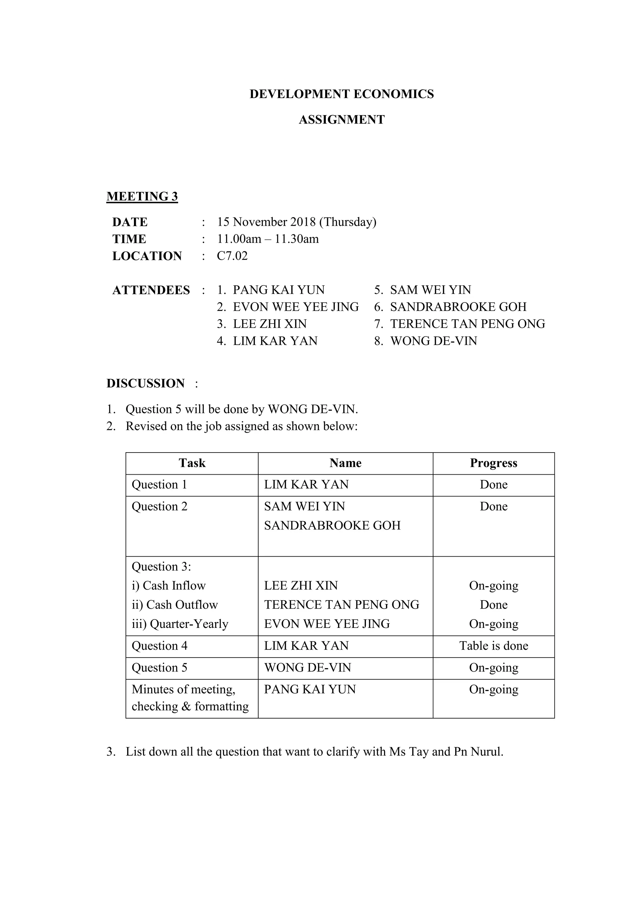 DEVELOPMENT ECONOMICS
ASSIGNMENT
MEETING 3
DATE : 15 November 2018 (Thursday)
TIME : 11.00am – 11.30am
LOCATION : C7.02
ATTENDEES : 1. PANG KAI YUN
2. EVON WEE YEE JING
3. LEE ZHI XIN
4. LIM KAR YAN
5. SAM WEI YIN
6. SANDRABROOKE GOH
7. TERENCE TAN PENG ONG
8. WONG DE-VIN
DISCUSSION :
1. Question 5 will be done by WONG DE-VIN.
2. Revised on the job assigned as shown below:
Task Name Progress
Question 1 LIM KAR YAN Done
Question 2 SAM WEI YIN
SANDRABROOKE GOH
Done
Question 3:
i) Cash Inflow
ii) Cash Outflow
iii) Quarter-Yearly
LEE ZHI XIN
TERENCE TAN PENG ONG
EVON WEE YEE JING
On-going
Done
On-going
Question 4 LIM KAR YAN Table is done
Question 5 WONG DE-VIN On-going
Minutes of meeting,
checking & formatting
PANG KAI YUN On-going
3. List down all the question that want to clarify with Ms Tay and Pn Nurul.
 