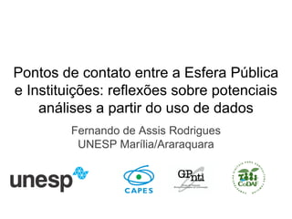 Pontos de contato entre a Esfera Pública
e Instituições: reflexões sobre potenciais
análises a partir do uso de dados
Fernando de Assis Rodrigues
UNESP Marília/Araraquara
 