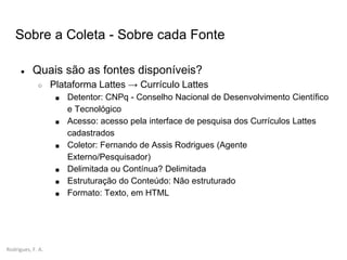 Rodrigues, F. A.
Sobre a Coleta - Sobre cada Fonte
● Quais são as fontes disponíveis?
○ Plataforma Lattes → Currículo Lattes
■ Detentor: CNPq - Conselho Nacional de Desenvolvimento Científico
e Tecnológico
■ Acesso: acesso pela interface de pesquisa dos Currículos Lattes
cadastrados
■ Coletor: Fernando de Assis Rodrigues (Agente
Externo/Pesquisador)
■ Delimitada ou Contínua? Delimitada
■ Estruturação do Conteúdo: Não estruturado
■ Formato: Texto, em HTML
 