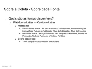 Rodrigues, F. A.
Sobre a Coleta - Sobre cada Fonte
● Quais são as fontes disponíveis?
○ Plataforma Lattes → Currículo Lattes
■ Metadados
● Identificadores: Nome, URL para acesso ao Currículo Lattes, Nome em citações
bibliográficas, Autores da Publicação, Título da Publicação e Título do Periódico
● Descritivos: Nome, Descrição informada pelo Pesquisador/Estudante, Autores da
Publicação, Título da Publicação e Título do Periódico
■ Sobre cada dado:
● Todos os tipos de dado estão no formato texto
 