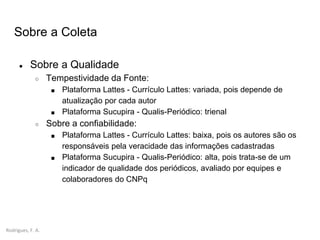 Rodrigues, F. A.
Sobre a Coleta
● Sobre a Qualidade
○ Tempestividade da Fonte:
■ Plataforma Lattes - Currículo Lattes: variada, pois depende de
atualização por cada autor
■ Plataforma Sucupira - Qualis-Periódico: trienal
○ Sobre a confiabilidade:
■ Plataforma Lattes - Currículo Lattes: baixa, pois os autores são os
responsáveis pela veracidade das informações cadastradas
■ Plataforma Sucupira - Qualis-Periódico: alta, pois trata-se de um
indicador de qualidade dos periódicos, avaliado por equipes e
colaboradores do CNPq
 