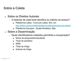 Rodrigues, F. A.
Sobre a Coleta
● Sobre os Direitos Autorais
○ O detentor de cada fonte identifica os critérios de acesso?
■ Plataforma Lattes - Currículo Lattes: Sim, em
http://lattes.cnpq.br/web/plataforma-lattes/extracao-de-dados/
■ Plataforma Sucupira - Qualis-Periódico: Não.
● Sobre a Disseminação
○ Quais identificadores coletados permitirão a recuperação?
■ Nome do pesquisador/estudante
■ Título do periódico
■ ISSN
■ Título do Artigo
■ Autores do Artigo
 