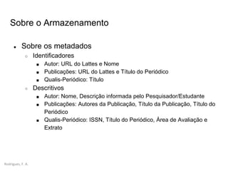 Rodrigues, F. A.
Sobre o Armazenamento
● Sobre os metadados
○ Identificadores
■ Autor: URL do Lattes e Nome
■ Publicações: URL do Lattes e Título do Periódico
■ Qualis-Periódico: Título
○ Descritivos
■ Autor: Nome, Descrição informada pelo Pesquisador/Estudante
■ Publicações: Autores da Publicação, Título da Publicação, Título do
Periódico
■ Qualis-Periódico: ISSN, Título do Periódico, Área de Avaliação e
Extrato
 