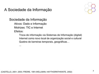 A Sociedade da Informação
Sociedade da Informação
Ativos: Dado e Informação
Motrizes: TIC e Internet
Efeitos:
Troca de informação via Sistemas de Informação (digital)
Internet como novo local de organização social e cultural
Quebra de barreiras temporais, geográficas…
...
(CASTELLS, 2001; 2003; FREIRE, 1991;WELLMAN; HAYTHORNTHWAITE, 2002) 7
 