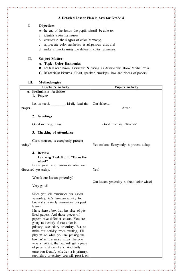 Deatailed Lesson Plan In Arts Color Harmony