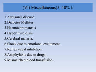 (VI) Miscellaneous(5 -10% ):
1.Addison‟s disease.
2.Diabetes Mellitus.
3.Haemochromatosis
4.Hyperthyroidism
5.Cerebral malaria.
6.Shock due to emotional excitement.
7.Reflex vagal inhibition.
8.Anaphylaxis due to drugs.
9.Mismatched blood transfusion.
 
