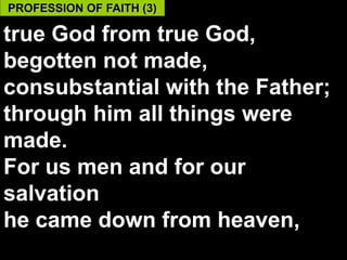 PROFESSION OF FAITH (3)

true God from true God,
begotten not made,
consubstantial with the Father;
through him all things were
made.
For us men and for our
salvation
he came down from heaven,
                             55
 