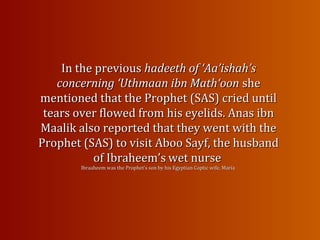 In the previousIn the previous hadeeth of ‘Aa’ishah’shadeeth of ‘Aa’ishah’s
concerning ‘Uthmaan ibn Math‘oonconcerning ‘Uthmaan ibn Math‘oon sheshe
mentioned that the Prophet (SAS) cried untilmentioned that the Prophet (SAS) cried until
tears over flowed from his eyelids. Anas ibntears over flowed from his eyelids. Anas ibn
Maalik also reported that they went with theMaalik also reported that they went with the
Prophet (SAS) to visit Aboo Sayf, the husbandProphet (SAS) to visit Aboo Sayf, the husband
of Ibraheem’sof Ibraheem’s.. wet nursewet nurse
Ibraaheem was the Prophet’s son by his Egyptian Coptic wife, MariaIbraaheem was the Prophet’s son by his Egyptian Coptic wife, Maria
 