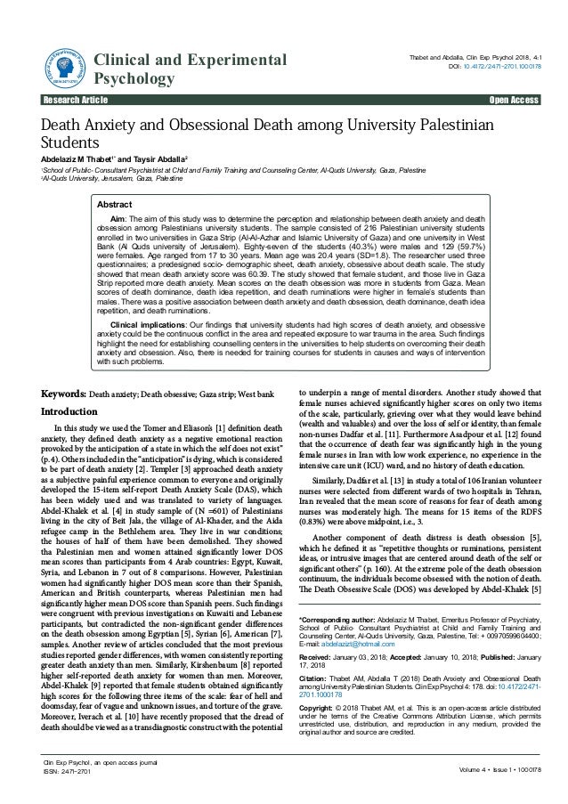 Death Anxiety And Obsessional Death Among University Palestinian Stud Death Anxiety And Obsessional Death Among University Palestinian Stud