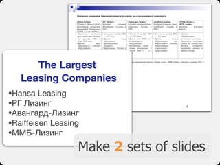 The Largest 
Leasing Companies
•Hansa Leasing

•РГ Лизинг

•Авангард-Лизинг

•Raiﬀeisen Leasing

•ММБ-Лизинг
Make 2 sets of slides
 