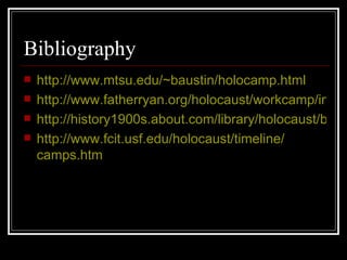 Bibliography http://www.mtsu.edu/~baustin/holocamp.html http://www.fatherryan.org/holocaust/workcamp/index.htm http://history1900s.about.com/library/holocaust/blmap.htm http://www.fcit.usf.edu/holocaust/timeline/ camps.htm 